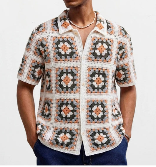 Blusa Tejida de Manga Corta con Bloques de Color y Cuello Solapa Calado - Image 8