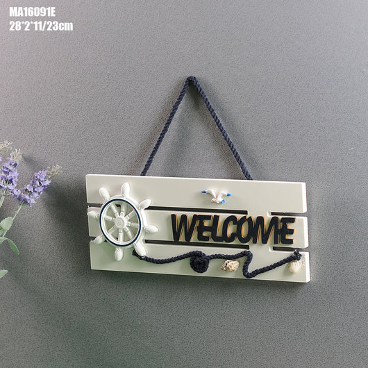 Placa de Bienvenida Mediterránea con Ancla Marina y Timón - Decoración Náutica de Madera - Image 3