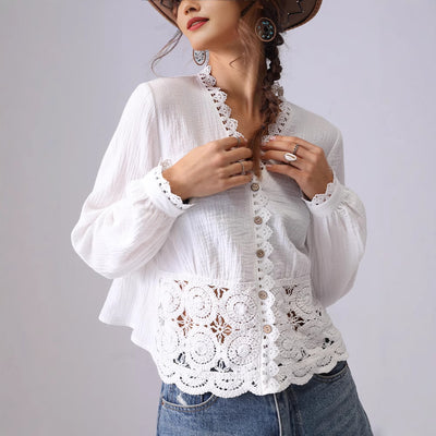 Blusa Suelta de Encaje Hueco Francés para Mujer - Image 3