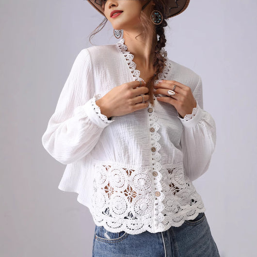 Blusa Suelta de Encaje Hueco Francés para Mujer - Image 3