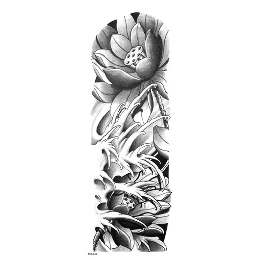 Full arm temporary tattoo sticker with a black, red, and light blue tribal design, featuring abstract shapes and patterns. - Image 36