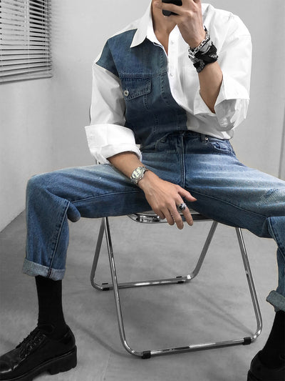Camisa Denim Primavera con Empalmes de Diseño para Hombre - Image 13