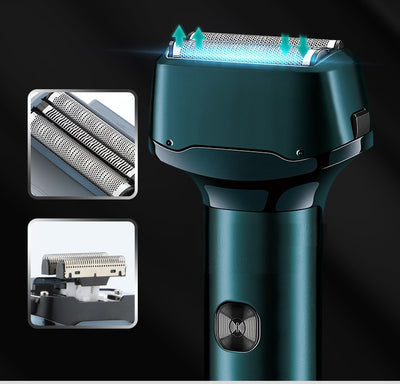 Dark teal rechargeable electric shaver with dual foil heads, featuring water droplets on its body, indicating it's washable.