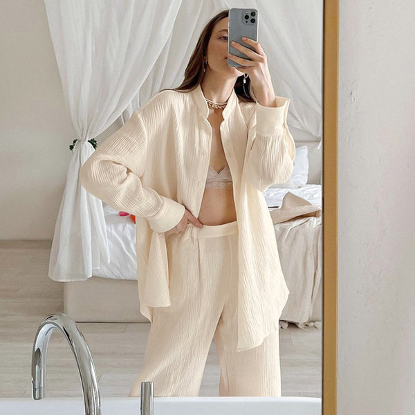 Traje Ejecutivo de Doble Capa en Crepe con Pantalón Suelto de Manga Larga