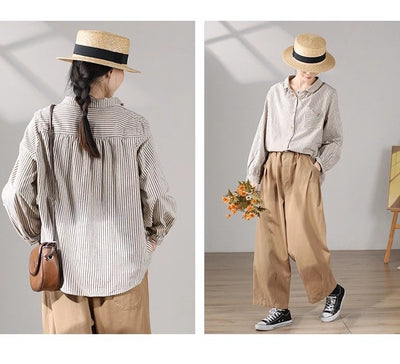 Blusa Retro de Lino y Algodón a Rayas con Diseño Artístico - Image 10