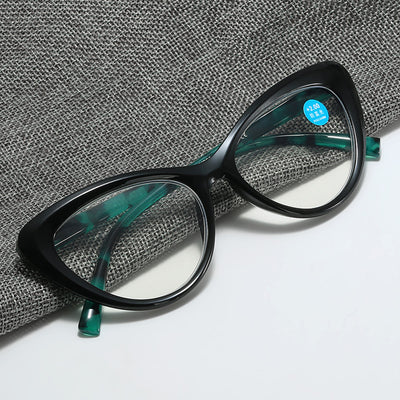 Black cat-eye anti-blue light reading glasses with green patterned temples on a white background. - Image 3