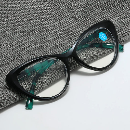 Black cat-eye anti-blue light reading glasses with green patterned temples on a white background. - Image 3