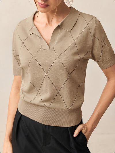 Suéter Cuello Alto Punto Diamante Manga Corta para Mujer - Image 19