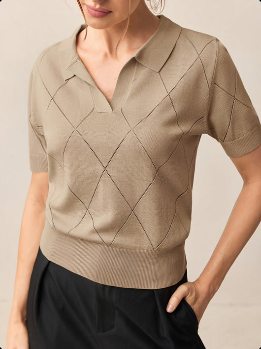Suéter Cuello Alto Punto Diamante Manga Corta para Mujer - Image 19