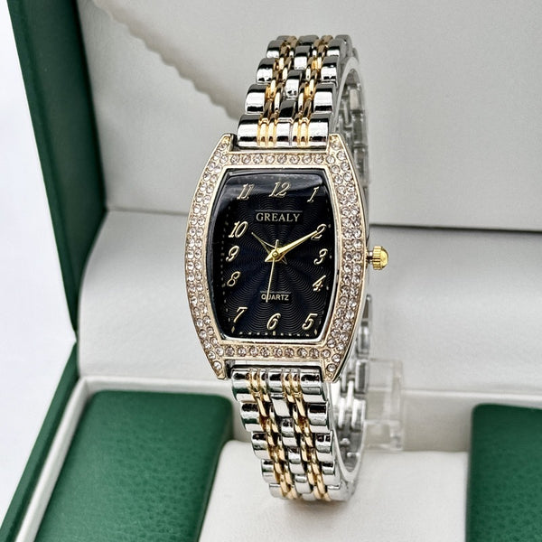 Reloj de Dama con Esfera de Barril Enchapado en Diamantes y Pulsera de Metal
