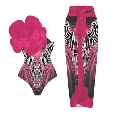 Women's one-piece swimsuit with a black, gold chain, and anchor pattern, featuring a large teal flower on one shoulder. - Image 11