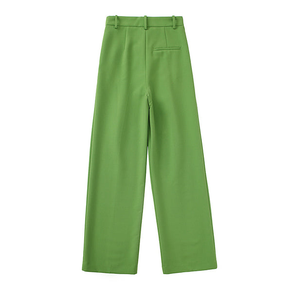 Pantalón Largo Verde Pasto Plisado Cintura Media para Mujer