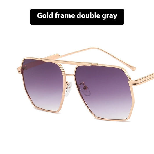 Gold frame double gray polygonal sunglasses with a double beam design and gradient lenses. - Image 6