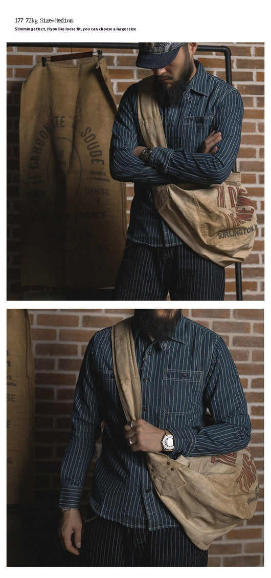 Camisa Vintage de Manga Larga a Rayas con Detalles de Trabajo para Hombre - Image 15