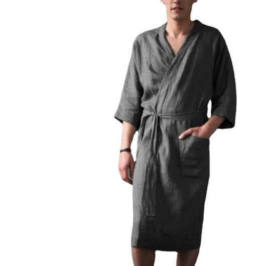 Bata de Lino Larga Unisex de Color Sólido - Pijama Cómodo para Casa - Image 5