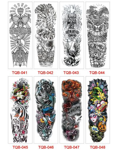 Full arm temporary tattoo sticker with a black, red, and light blue tribal design, featuring abstract shapes and patterns. - Image 63