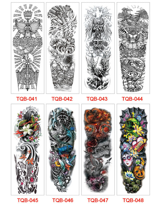 Full arm temporary tattoo sticker with a black, red, and light blue tribal design, featuring abstract shapes and patterns. - Image 63