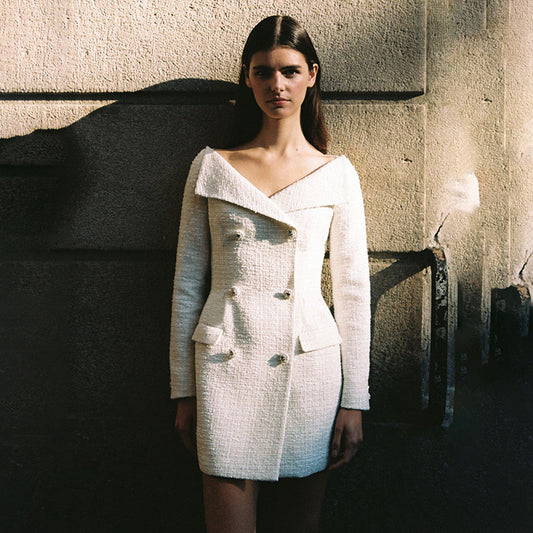 Vestido Elegante Hombros Descubiertos con Manga Larga y Cintura Ajustada
