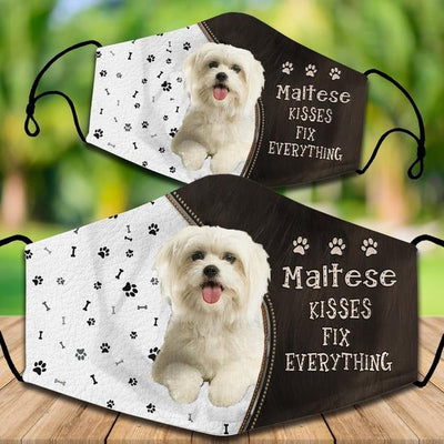 Cotton face mask with a Cavapoo dog graphic and "CAVOODLES KISSES FIX EVERYTHING" text. Features paw prints and bones. - Image 21