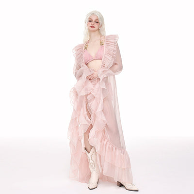 Light pink ruffled sheer swimsuit cover-up blouse over a matching bikini, perfect for beach vacations. - Image 2