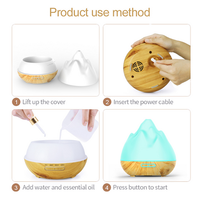 Mountain View Volcano Aroma Diffuser Mini Humidifier with blue LED light and dark wood grain base. - Image 7