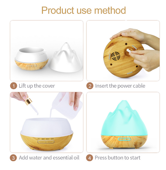 Mountain View Volcano Aroma Diffuser Mini Humidifier with blue LED light and dark wood grain base. - Image 7
