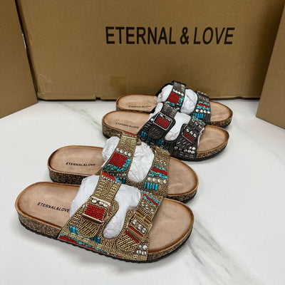 Sandalias Étnicas Doradas con Detalles Brillantes para Mujer