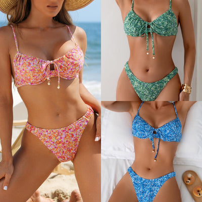Women's green floral print bikini set with a ruched top, adjustable straps, and matching bottoms. - Image 2