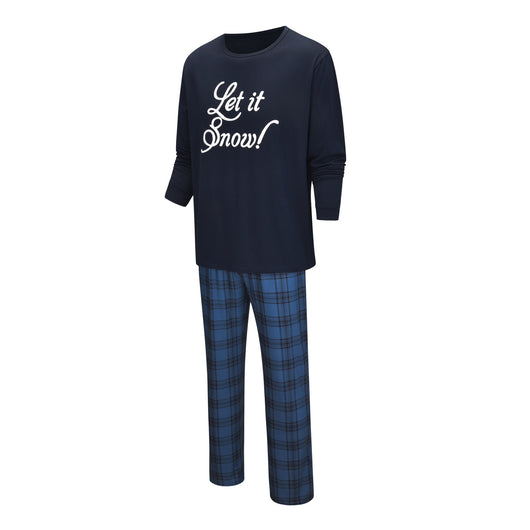 Dark blue long-sleeve pajama set with "Let it Snow!" script top and blue and black plaid pants. - Image 8
