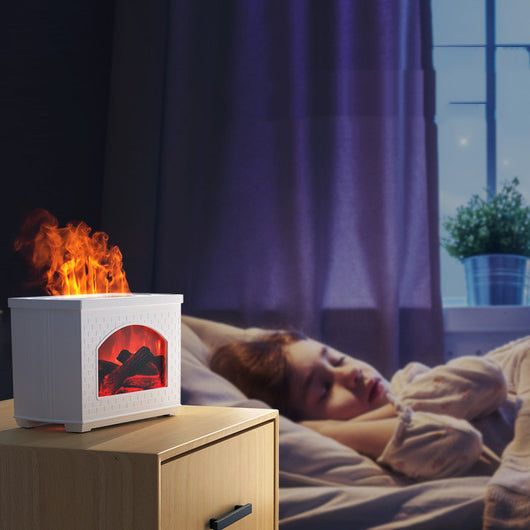 White simulated flame light effect humidifier with a brick texture, displaying realistic logs and a warm glow. - Image 9