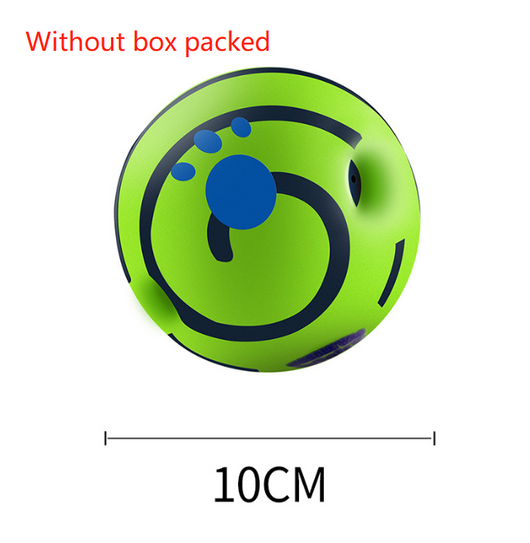 Wobble Wag Giggle dog sound ball, white with green stripes, in blue packaging highlighting glow-in-the-dark feature. - Image 9