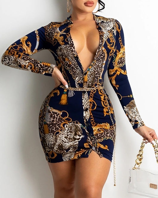Vestido Midi Estampado Cuello en V Manga Larga - Image 10