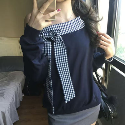 Blusa a Cuadros con Hombros Descubiertos y Manga Larga para Mujer