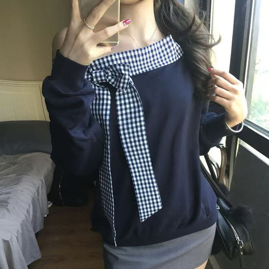 Blusa a Cuadros con Hombros Descubiertos y Manga Larga para Mujer