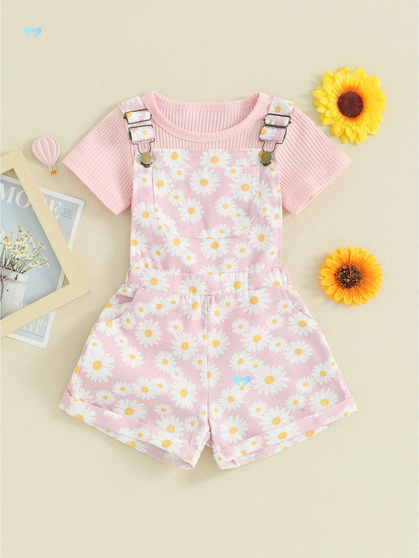 Conjunto de Shorts para Niña en Color Liso con Manga Corta Acanalada