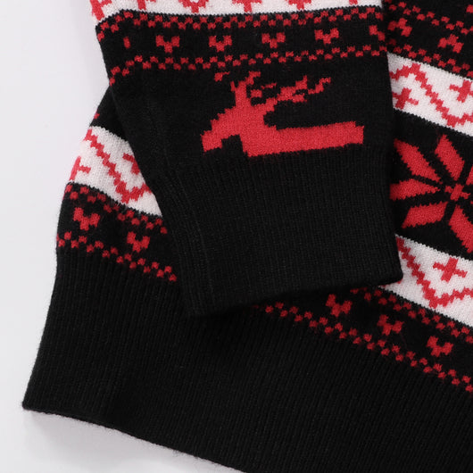 Women's black, red, and white Christmas sweater with reindeer and snowflake fair isle patterns, round neck, long sleeves. - Image 12