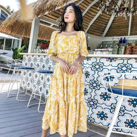 Vestido de Verano Floral Amarillo en Chifón para Mujer