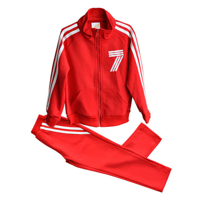 Red polyester sports suit with a full-zip jacket featuring white stripes and a '7' graphic, paired with matching pants. - Image 3