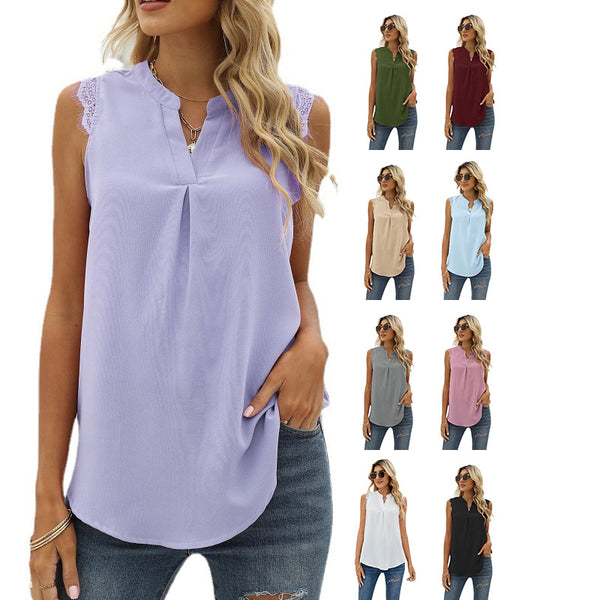 Blusa Suelta Escote V sin Mangas con Encaje de Color Sólido