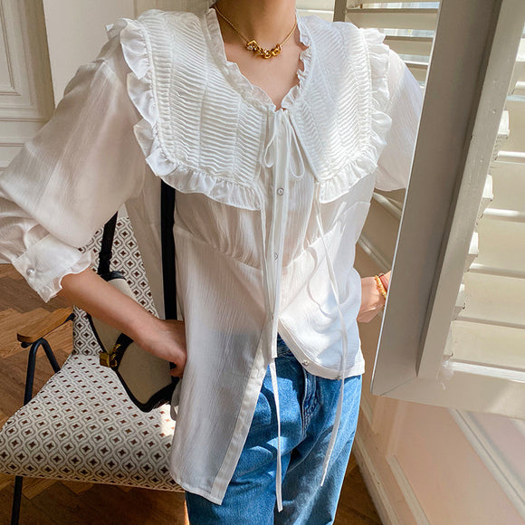 Blusa Tencel Coreana Mujer Primavera Blanco Francés Diseño Elegante