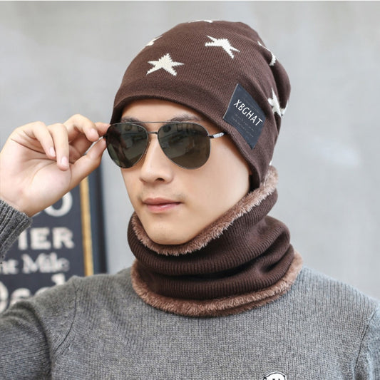 Brown knitted beanie with white five-pointed stars and a matching fleece-lined neck warmer on a man. - Image 2