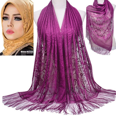 Pañuelo Hijab Encaje Calado Color Sólido con Borlas - Image 20