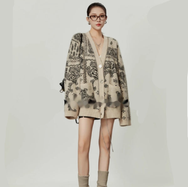 Cardigan Suelto Jacquard Cuello V Cómodo