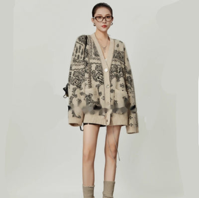 Cardigan Suelto Jacquard Cuello V Cómodo