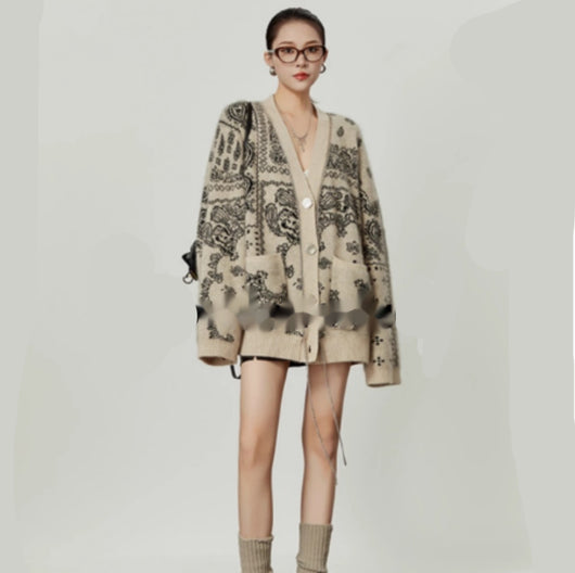 Cardigan Suelto Jacquard Cuello V Cómodo