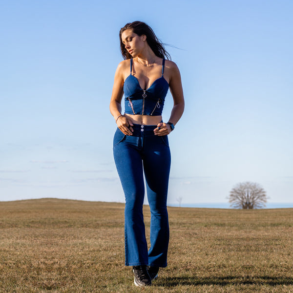 Pantalón Jean Negro Recto Cintura Media Pierna Ancha Levantacaderas con Elástico