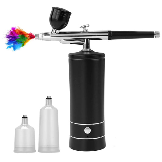 Black and silver oxygen injection beauty instrument with nano spray gun and two clear liquid bottles, spraying colorful mist. - Image 4