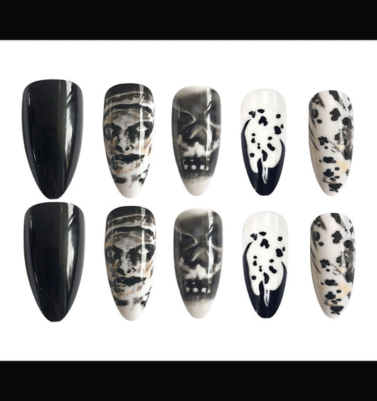 Uñas Postizas Gota de Agua Almendra - Diseño Calavera Halloween Manicura Artística - Image 5