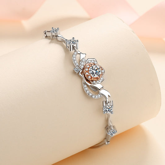 Pulsera de Rosa en Plata S925 con Moissanita Incrustada