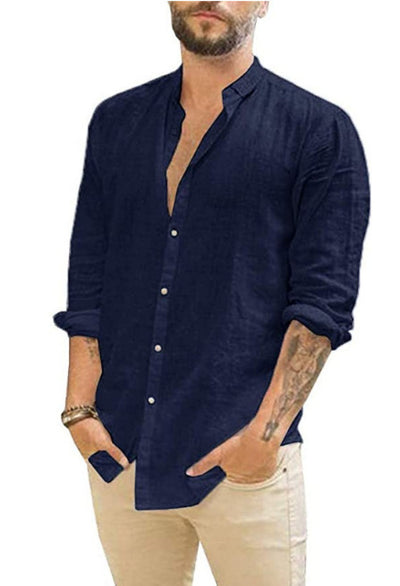 Camisa Casual de Cuello Mao Manga Larga Color Liso - Image 8